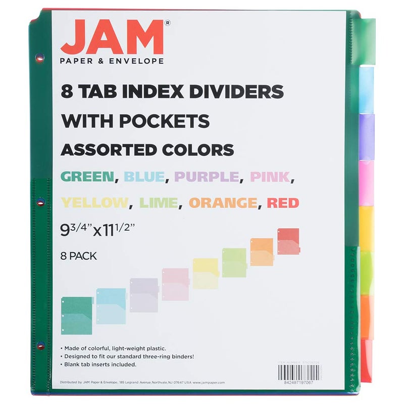 JAM PAPER Plastic Index 8-Tab Dividers w/Double Pockets - 9 3/4 x 11 1/2 - Assorted Multi-Color - 8 Tabbed Dividers/Pack - Image 3